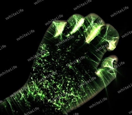 3D-Illustration of a glowing human male hand with a kirlian aura showing different symbols.