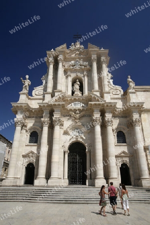 The Piazza del Domo in the old Town of Siracusa in Sicily in south Italy in Europe.