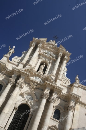 The Piazza del Domo in the old Town of Siracusa in Sicily in south Italy in Europe.