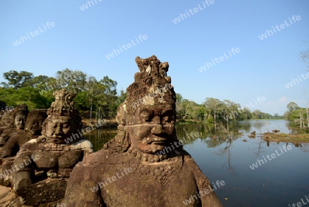 The Bridge at the Angkor Tom Gate in the Temple City of Angkor near the City of Siem Riep in the west of Cambodia.