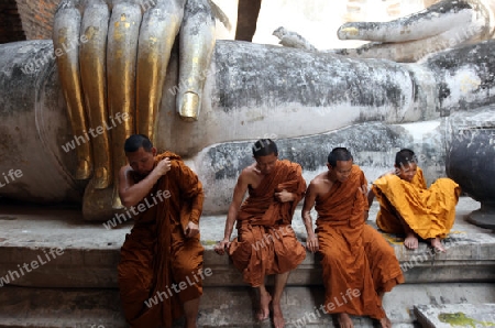 Moenche bestaunen die Buddha Figur  im Wat Si Chum Tempel in der Tempelanlage von Alt-Sukhothai in der Provinz Sukhothai im Norden von Thailand in Suedostasien.