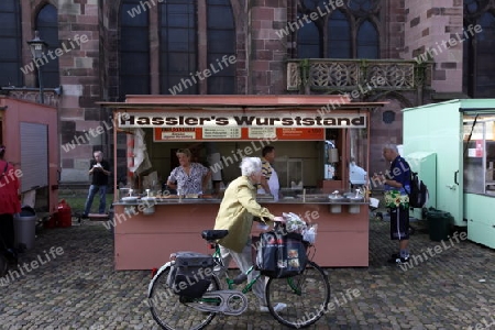 the market in the old town of Freiburg im Breisgau in the Blackforest in the south of Germany in Europe.