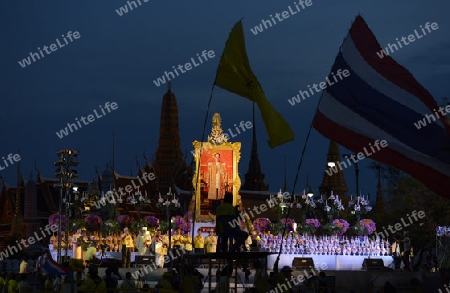 Tausende von Thailaender zelebrieren den Kroenungstag des Koenig Bhumibol auf dem Sanam Luang Park vor dem Wat Phra Kaew in der Stadt Bangkok in Thailand in Suedostasien.  