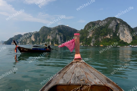 a Boat on the way to Maya Beach  near the Ko Phi Phi Island outside of the City of Krabi on the Andaman Sea in the south of Thailand. 