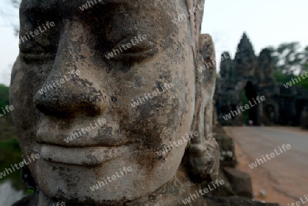 The Bridge at the Angkor Tom Gate in the Temple City of Angkor near the City of Siem Riep in the west of Cambodia.