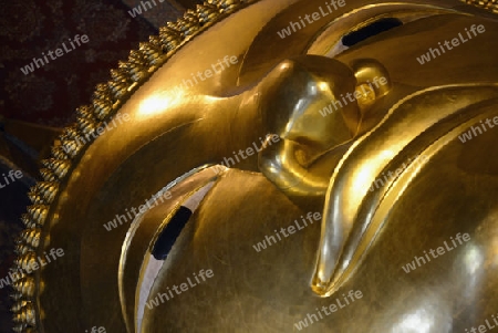 Der Grosse liegende Buddha im Wat Pho Tempel in der Stadt Bangkok in Thailand in Suedostasien.