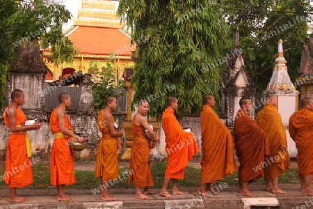 Moenche auf ihrem Rundgang am fruehem Morgen vor dem Tempel Wat Sainyaphum in der Stadt Savannahet in zentral Laos an der Grenze zu Thailand in Suedostasien.