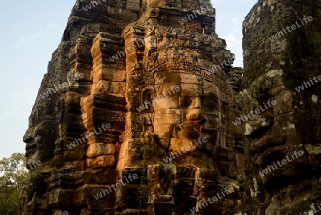 Stone Faces the Tempel Ruin of Angkor Thom in the Temple City of Angkor near the City of Siem Riep in the west of Cambodia.