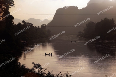 Die Landschaft am Xe Bang Fai River beim Dorf Mahaxai Mai von Tham Pa Fa unweit der Stadt Tha Khaek in zentral Laos an der Grenze zu Thailand in Suedostasien.