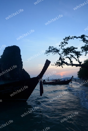 The Hat Phra Nang Beach at Railay near Ao Nang outside of the City of Krabi on the Andaman Sea in the south of Thailand. 