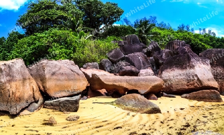 Stunning high resolution beach panorama taken on the paradise islands Seychelles.