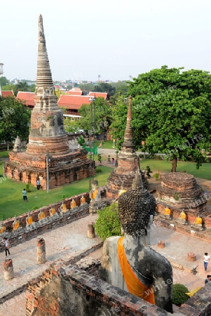 The Wat Yai Chai Mongkol Temple in City of Ayutthaya in the north of Bangkok in Thailand, Southeastasia.