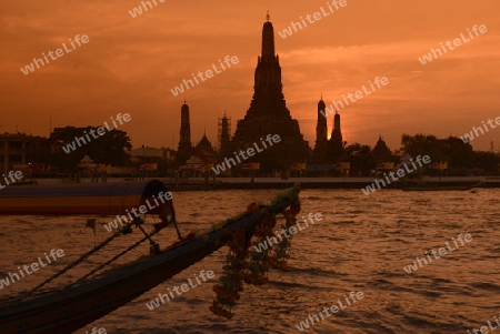 Die Tempelanlage des Wat Arun am Mae Nam Chao Phraya River in der Hauptstadt Bangkok von Thailand in Suedostasien.