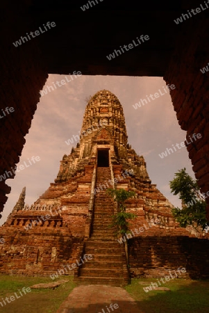 The Wat Chai Wattanaram Temple in City of Ayutthaya in the north of Bangkok in Thailand, Southeastasia.