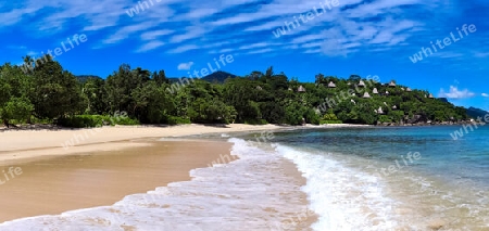 Stunning high resolution beach panorama taken on the paradise islands Seychelles.