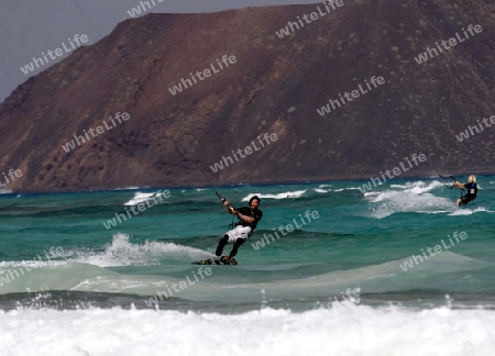 the Beach of  Corralejo on the Island Fuerteventura on the Canary island of Spain in the Atlantic Ocean.