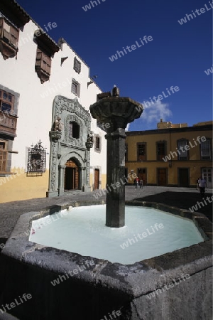 the Columbus House at the Plaza del Pilar Nuevo in the city Las Palmas on the Canary Island of Spain in the Atlantic ocean.