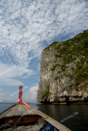 a Boat on the way to Maya Beach  near the Ko Phi Phi Island outside of the City of Krabi on the Andaman Sea in the south of Thailand. 