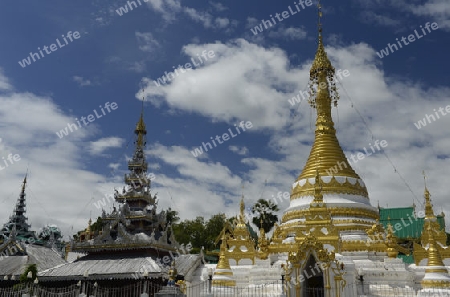 Der Tempel Wat Jong Kham und Jong Klang am See Nong Jong Kham im Dorf Mae Hong Son im norden von Thailand in Suedostasien.