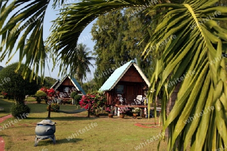 Ein Bungalow am Strand bei Chumphon an der Schiffsstation fuer die weiterfahrt zur Insel To Tao im Golf von Thailand im Suedwesten von Thailand in Suedostasien. )