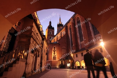 Der Rynek Glowny Platz mit der Marienkirche in der Altstadt von Krakau im sueden von Polen. 