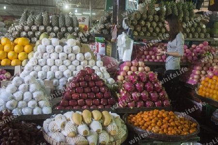 a fruit market in a Market near the City of Yangon in Myanmar in Southeastasia.