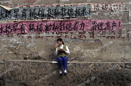 a women with a plate of rice near the town of Yangshou near the city of  Guilin in the Province of Guangxi in china in east asia. 