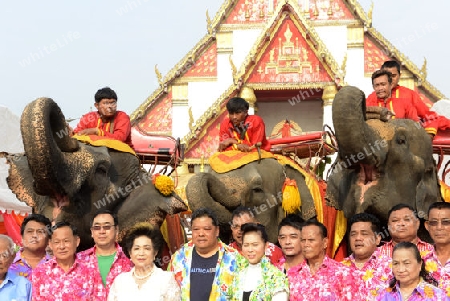 Das Songkran Fest oder Wasserfest zum Thailaendischen Neujahr ist im vollem Gange in Ayutthaya noerdlich von Bangkok in Thailand in Suedostasien.  