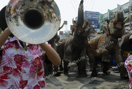 Das Songkran Fest oder Wasserfest zum Thailaendischen Neujahr ist im vollem Gange in Ayutthaya noerdlich von Bangkok in Thailand in Suedostasien.  