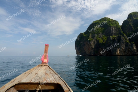 a Boat on the way to Maya Beach  near the Ko Phi Phi Island outside of the City of Krabi on the Andaman Sea in the south of Thailand. 