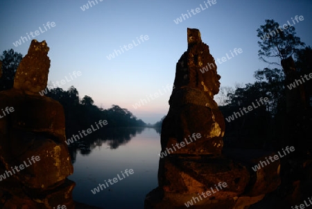 The Bridge at the Angkor Tom Gate in the Temple City of Angkor near the City of Siem Riep in the west of Cambodia.