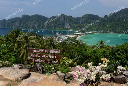 The view from the Viewpoint on the Town of Ko PhiPhi on Ko Phi Phi Island outside of the City of Krabi on the Andaman Sea in the south of Thailand. 