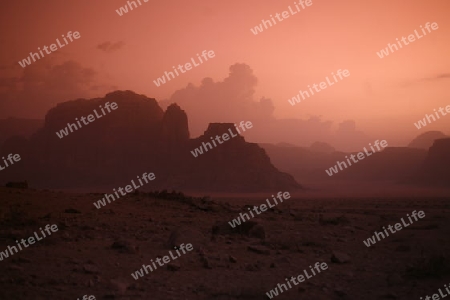 The Landscape on evening in the Wadi Rum Desert in Jordan in the middle east.