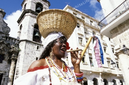 a women at the Plaza de la Catedral in the old town of the city Havana on Cuba in the caribbean sea.