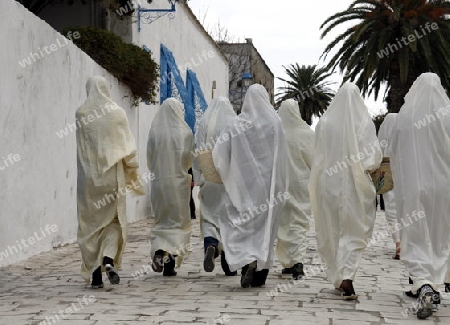 Afrika, Nordafrika, Tunesien, Tunis, Sidi Bou Said
Junge Frauen im traditionellen weissen Schleier in der Altstadt von Sidi Bou Said in der Daemmerung am Mittelmeer und noerdlich der Tunesischen Hauptstadt Tunis






