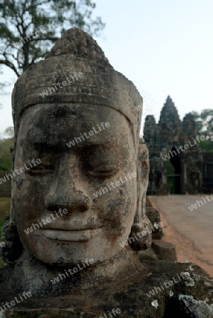 The Bridge at the Angkor Tom Gate in the Temple City of Angkor near the City of Siem Riep in the west of Cambodia.