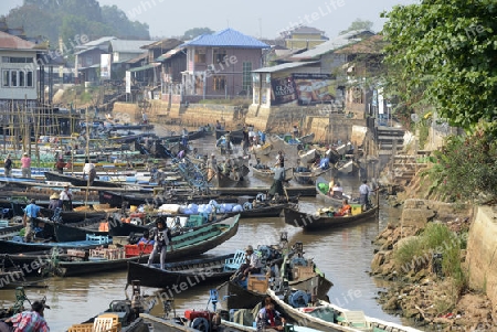 the Boat landing Pier at the Nan Chaung Main Canal in the city of Nyaungshwe at the Inle Lake in the Shan State in the east of Myanmar in Southeastasia.