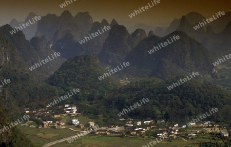 the landscape at the Li River near Yangshou near the city of  Guilin in the Province of Guangxi in china in east asia. 