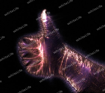 3D-Illustration of a glowing human male hand with a kirlian aura showing different symbols.