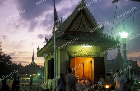 a temple by night near the king palace in the city of phnom penh in cambodia in southeastasia. 