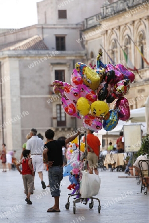 The Piazza del Domo in the old Town of Siracusa in Sicily in south Italy in Europe.