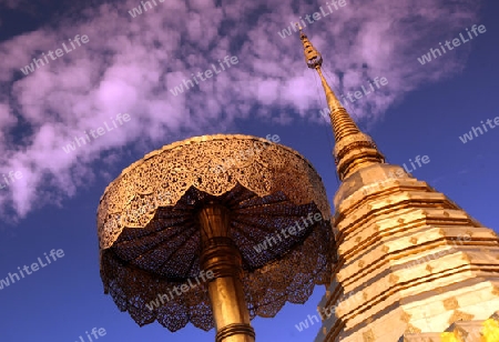 Der Chedi der Tempel Anlage des Wat Phra That Doi Suthep bei Chiang Mai in der Provinz Chiang Mai im Norden von Thailand in Suedostasien.