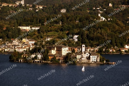 The Isla San Giulio in the Ortasee outside of the Fishingvillage of Orta on the Lake Orta in the Lombardia  in north Italy. 