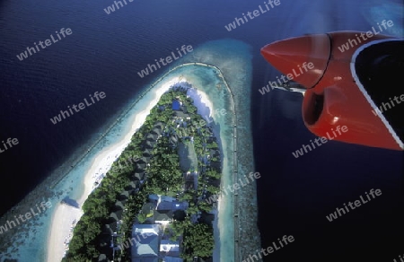 
Eine Luftaufname mit Strand und deren Schutzmauern der Insel Lily Beach im Ari  Atoll auf den Inseln der Malediven im Indischen Ozean.  