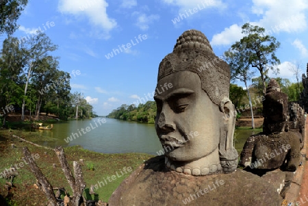 The Bridge at the Angkor Tom Gate in the Temple City of Angkor near the City of Siem Riep in the west of Cambodia.