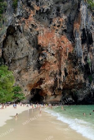 The Hat Phra Nang Beach at Railay near Ao Nang outside of the City of Krabi on the Andaman Sea in the south of Thailand. 