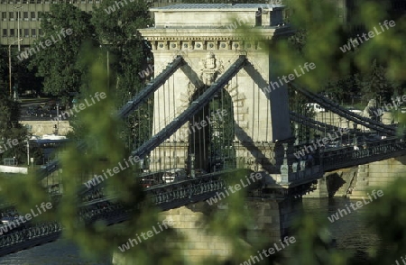 Die Kettenbruecke ueber der Donau und das Parlament in der Hauptstadt von Ungarn in Osteuropa..