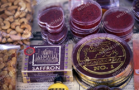 a zafron shop the souq or Market in the old town in the city of Dubai in the Arab Emirates in the Gulf of Arabia.