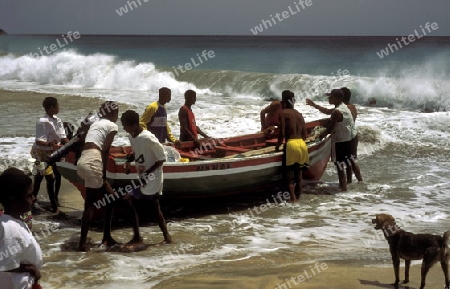 The coast at the village of Ponta do Sol near Ribeira Grande on the Island of Santo Antao in Cape Berde in the Atlantic Ocean in Africa.