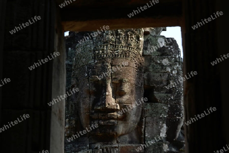 Stone Faces the Tempel Ruin of Angkor Thom in the Temple City of Angkor near the City of Siem Riep in the west of Cambodia.